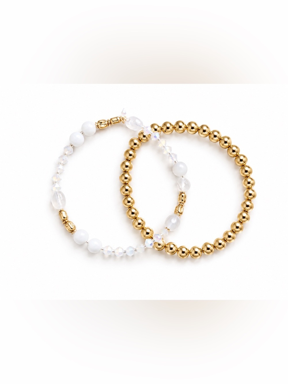 Anthropologie Gold and White Beaded Stretch Bracelet Set - Women Jewelry